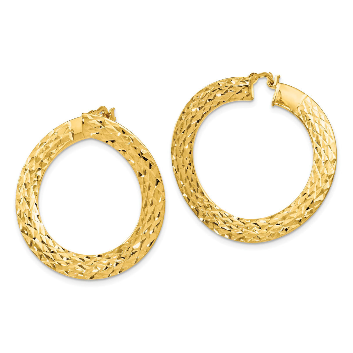 14k Yellow Gold Hoop Earrings, Diamond Cut Round Design with High Polish Finish, Lightweight for Women