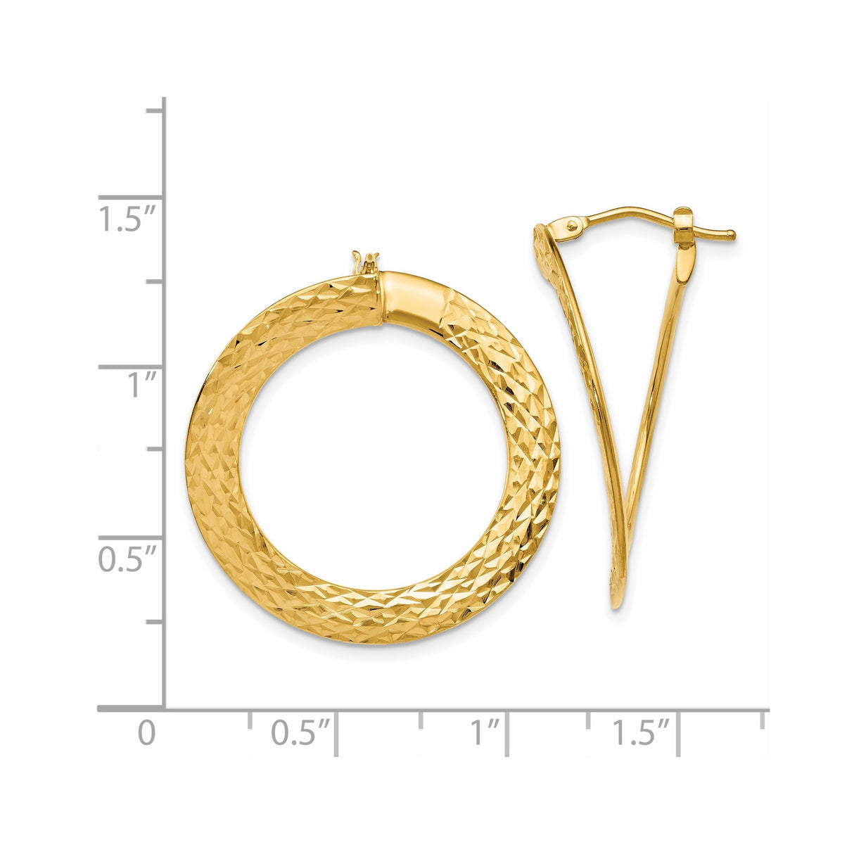 14k Yellow Gold Hoop Earrings, Diamond Cut Round Design with High Polish Finish, Lightweight for Women