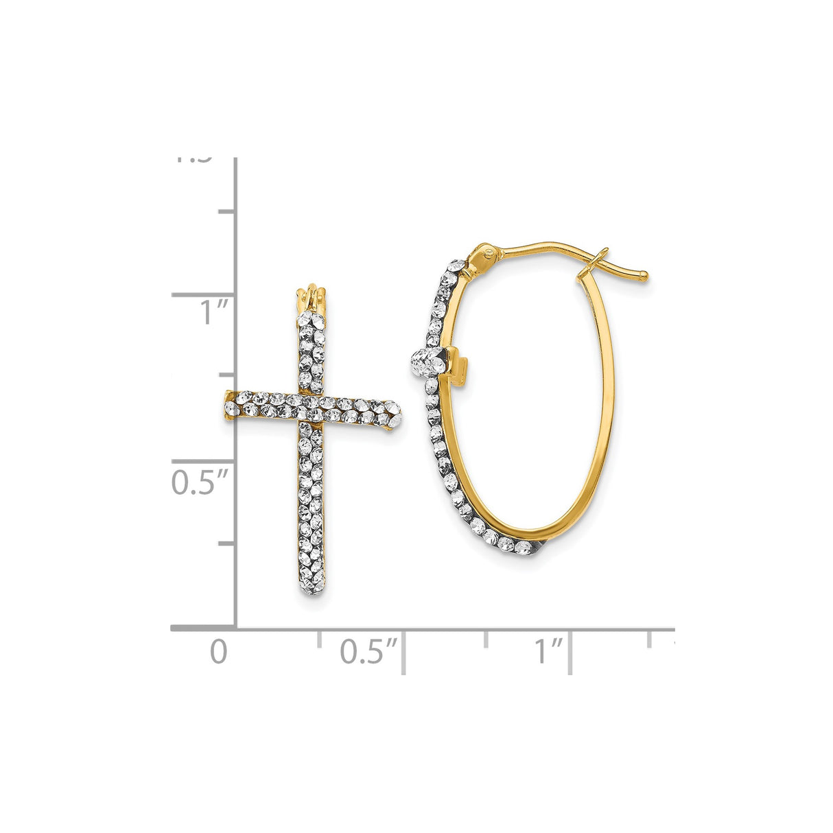 14k Yellow Gold Hoop Earrings with Crystal Cross Dangle, Religious Style for Women