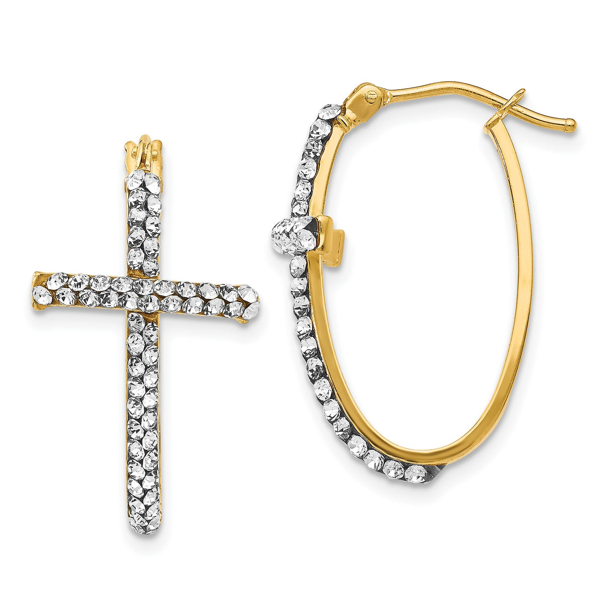 14k Yellow Gold Hoop Earrings with Crystal Cross Dangle, Religious Style for Women