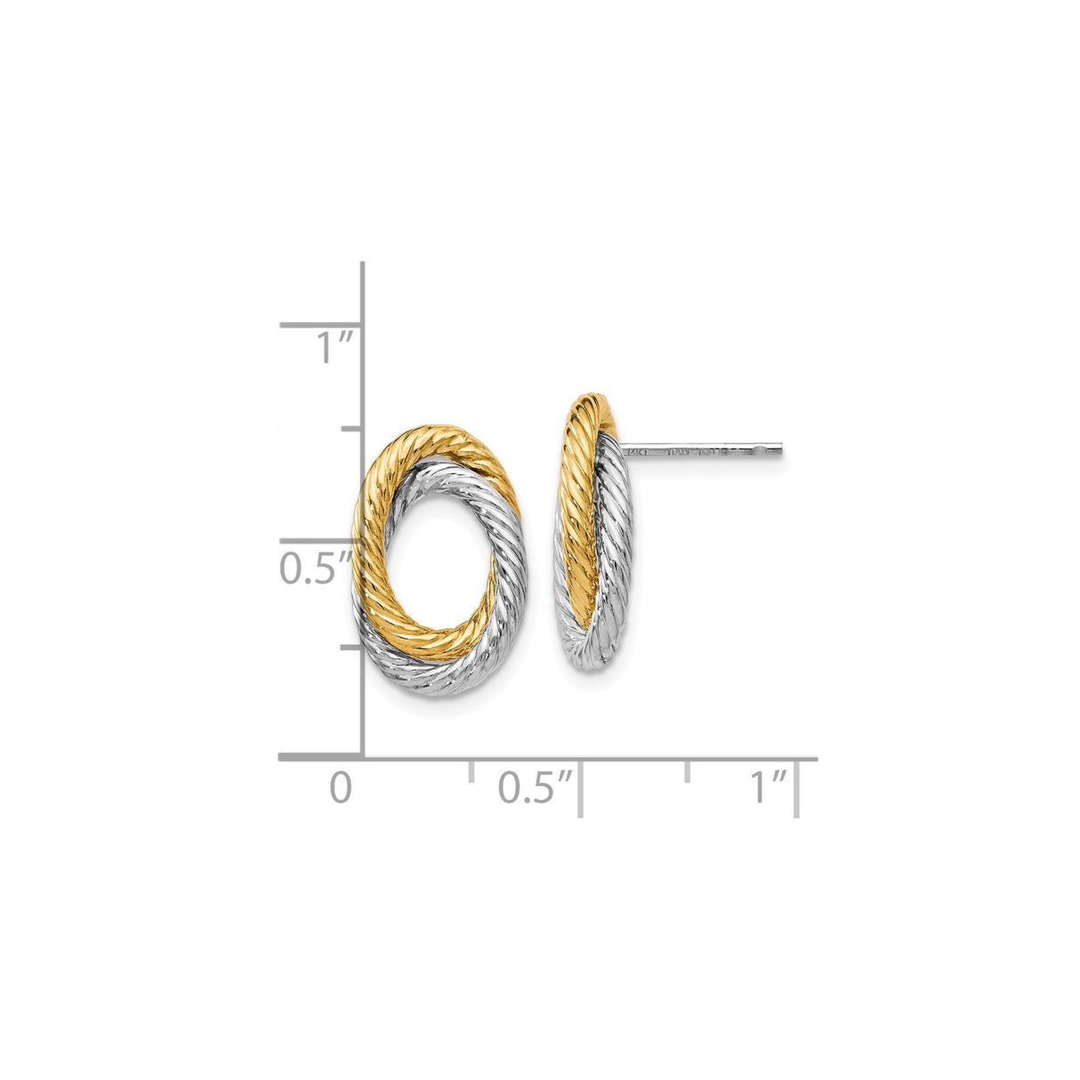 14k Yellow Gold Stud Earrings with Two Tone Twisted Rope Circle and Interlocking Loop Design
