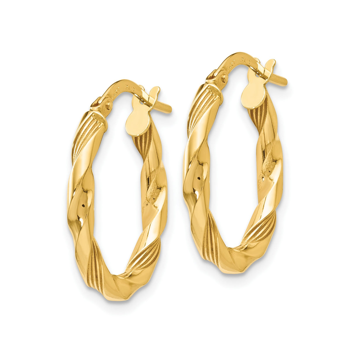14k Yellow Gold Twisted Hoop Earrings with Polished and Textured Finish, Lightweight Round Hoops