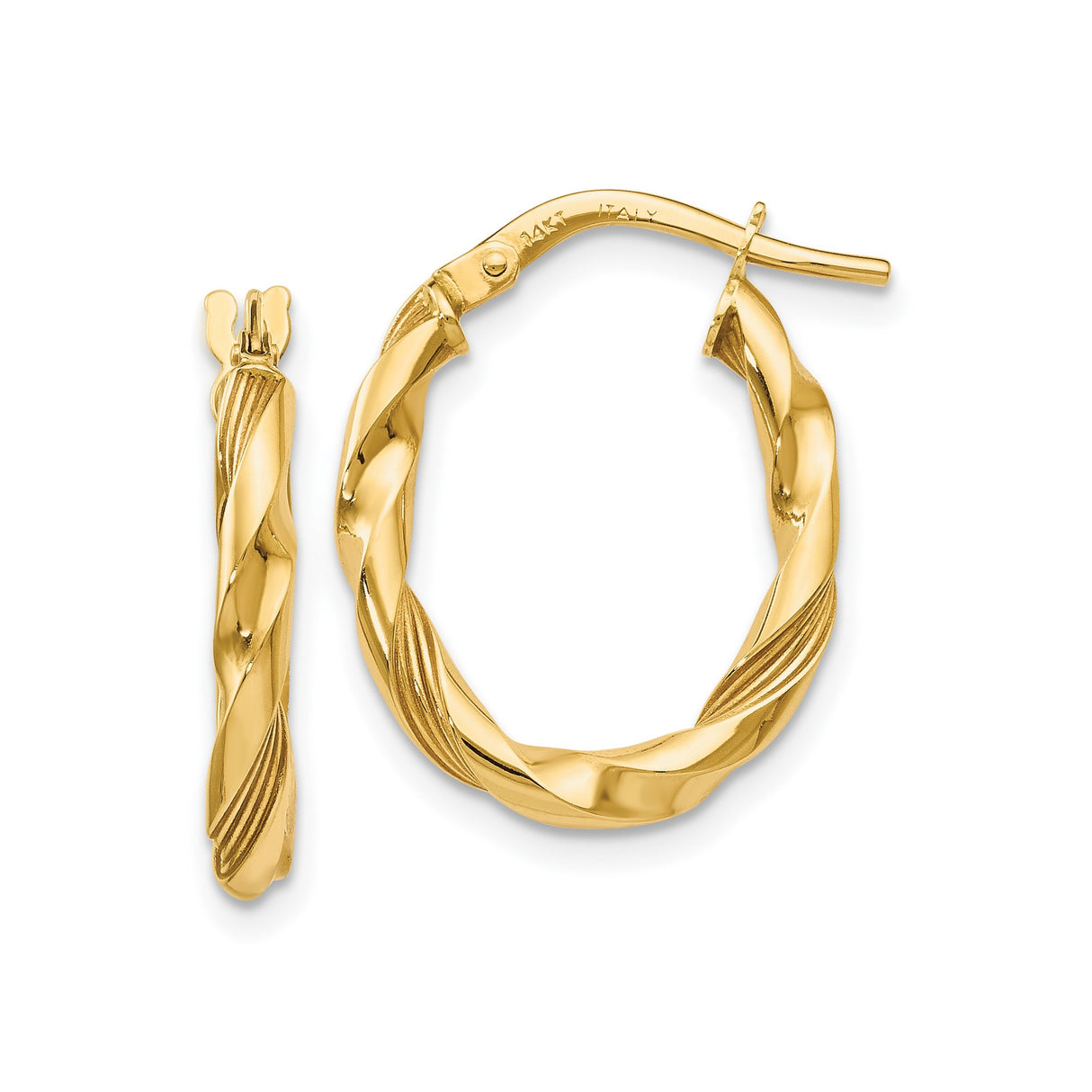14k Yellow Gold Twisted Hoop Earrings with Polished and Textured Finish, Lightweight Round Hoops