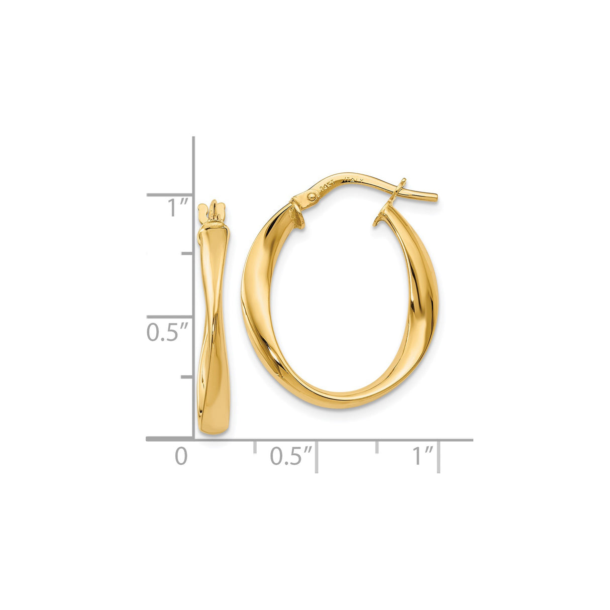 14k Yellow Gold Twisted Oval Hoop Earrings, Polished Finish, Latch Back, Lightweight Italian Style