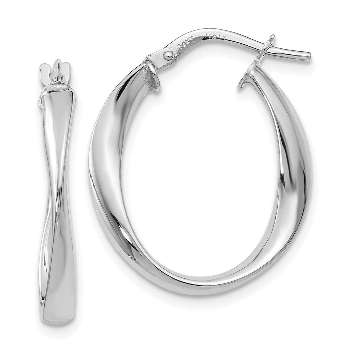 14k Yellow Gold Twisted Hoop Earrings, Two Tone Rhodium Oval Design, Latch Back, Lightweight