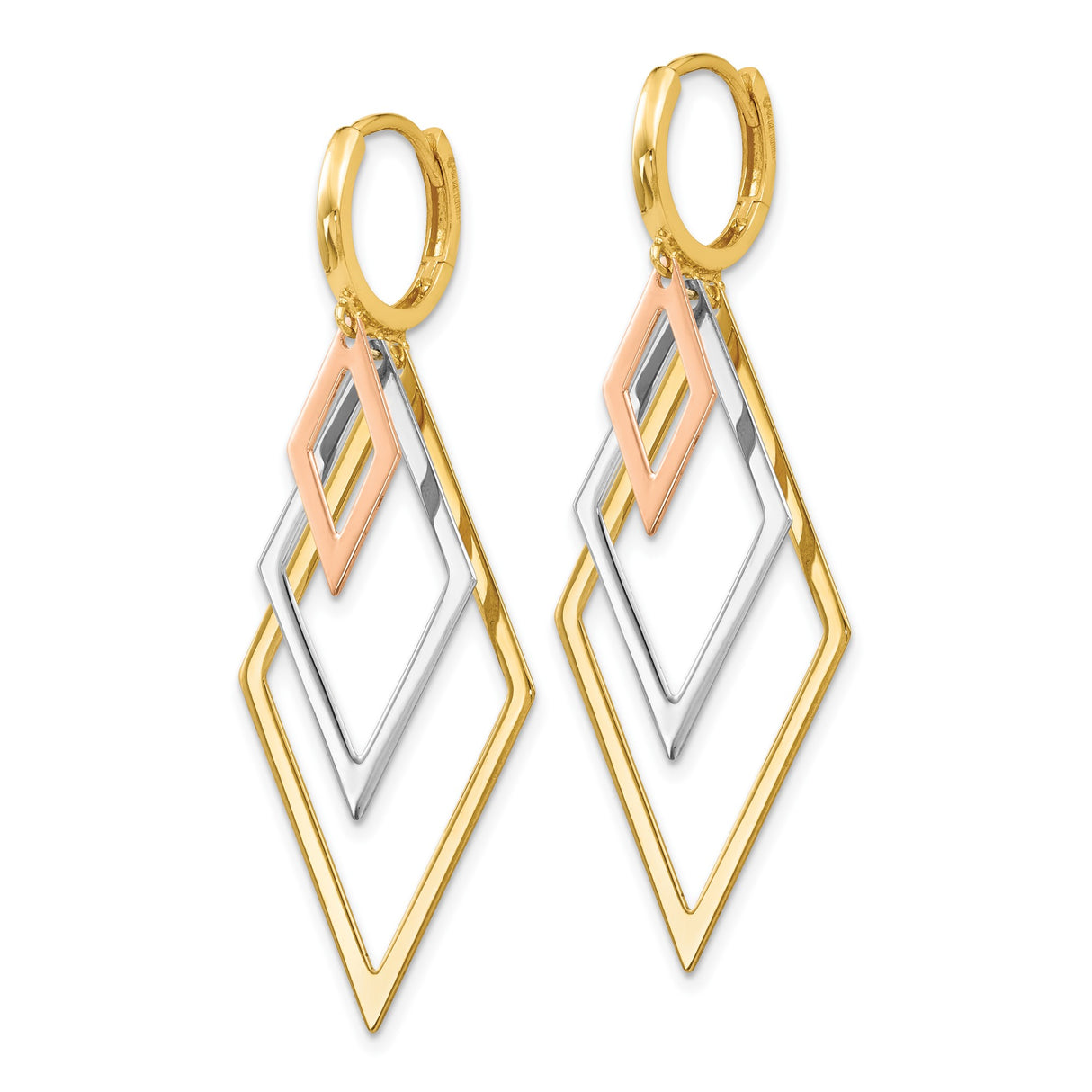 14k Tri-Color Gold Dangle Earrings, Asymmetrical Geometric Drop Design, Contemporary Statement Jewelry