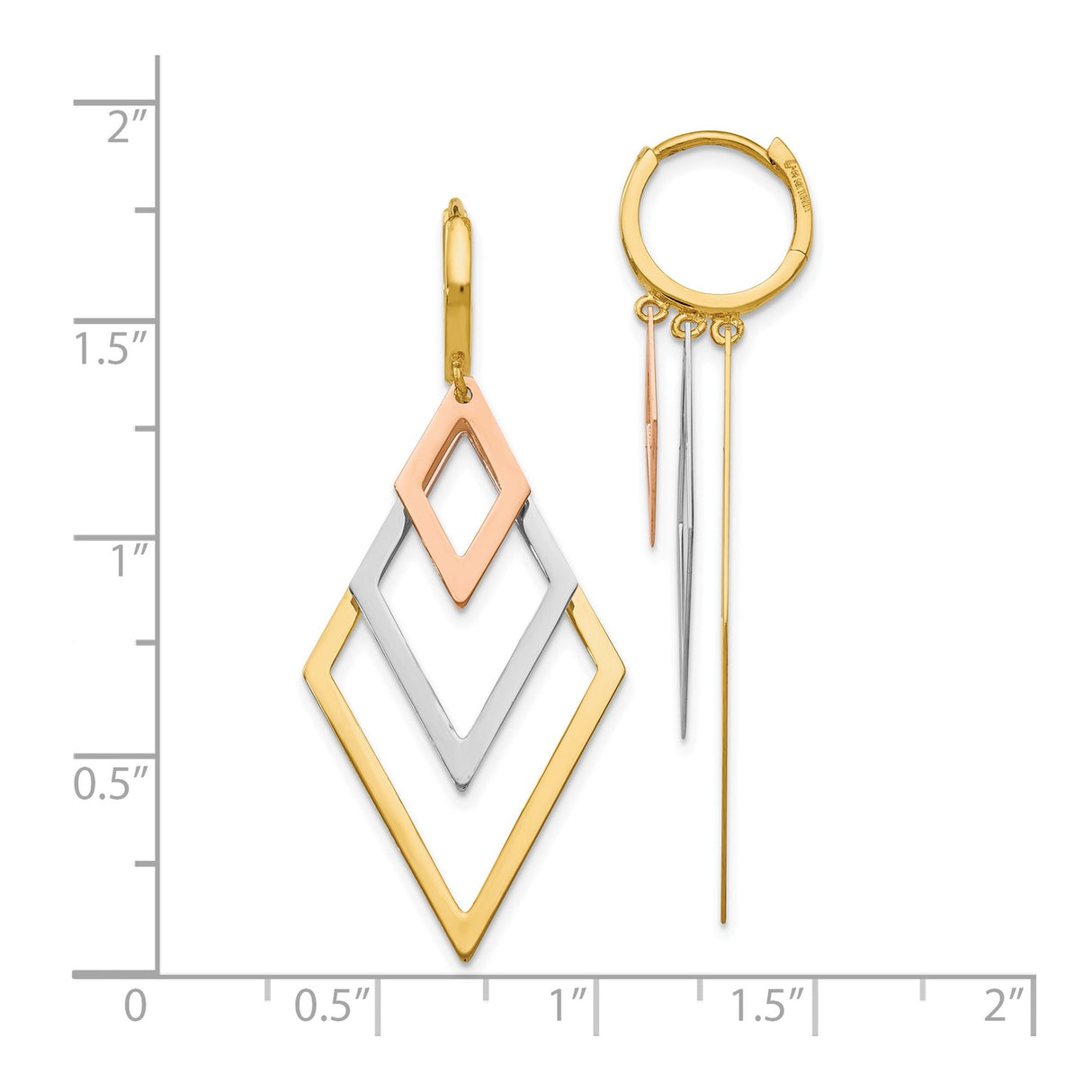 14k Tri-Color Gold Dangle Earrings, Asymmetrical Geometric Drop Design, Contemporary Statement Jewelry