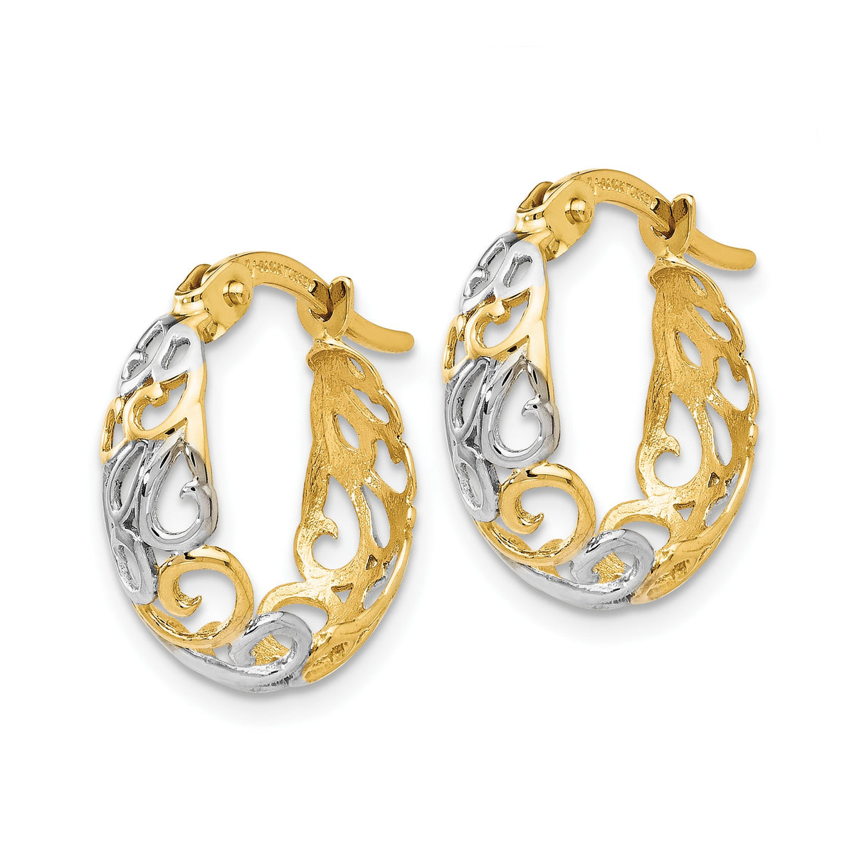 14k Yellow Gold Hoop Earrings with Two-Tone Filigree Scroll Swirl Design for Women