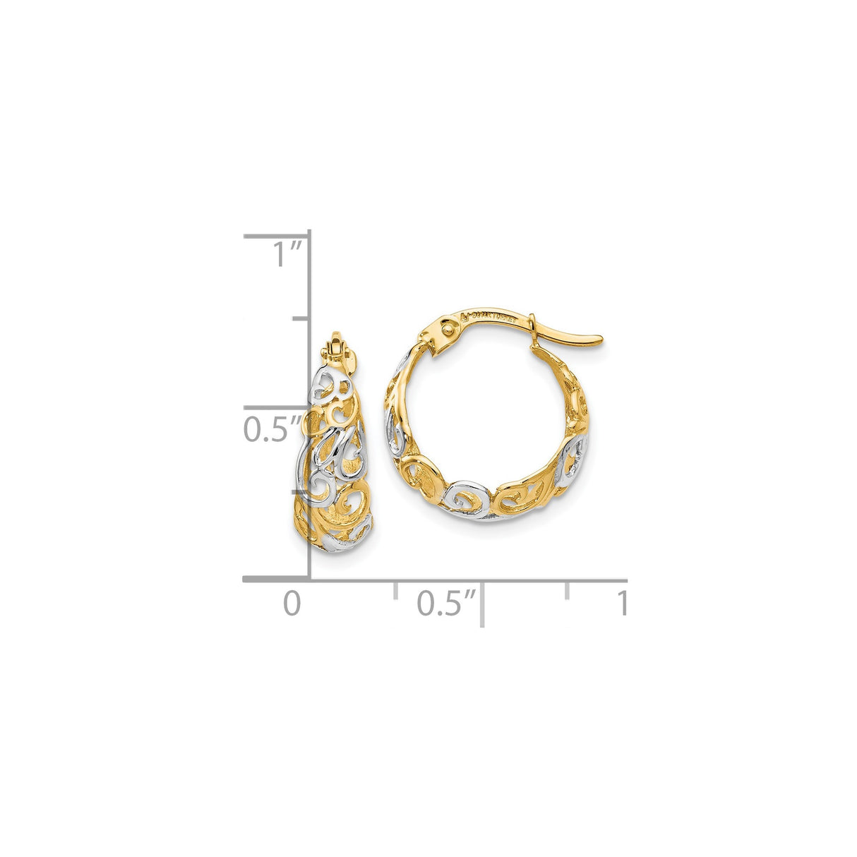 14k Yellow Gold Hoop Earrings with Two-Tone Filigree Scroll Swirl Design for Women