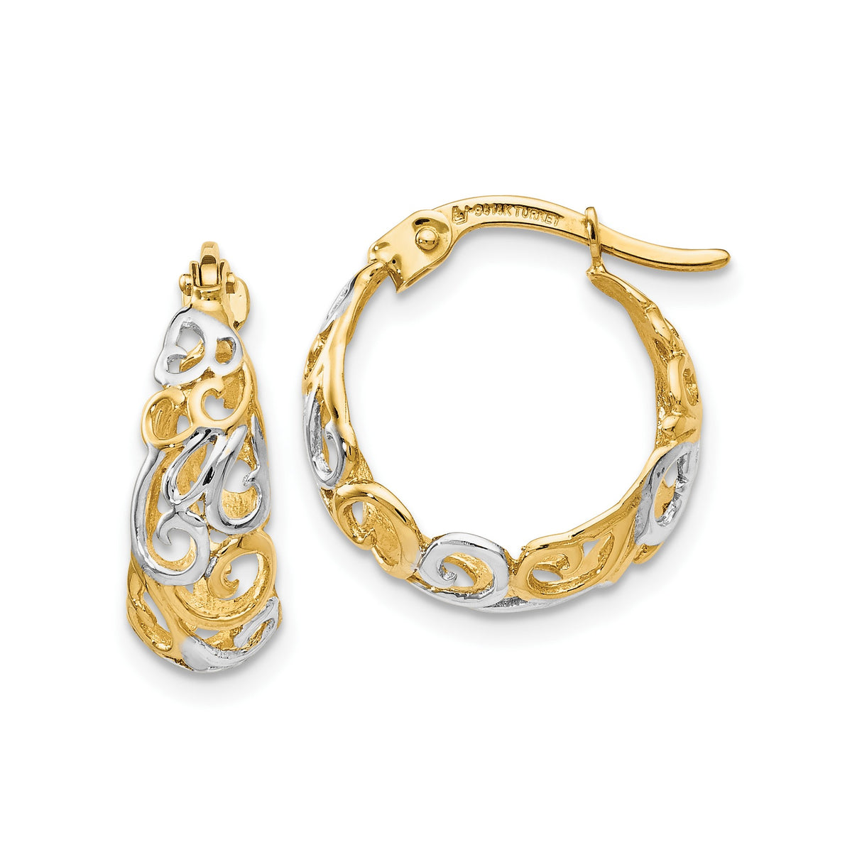 14k Yellow Gold Hoop Earrings with Two-Tone Filigree Scroll Swirl Design for Women