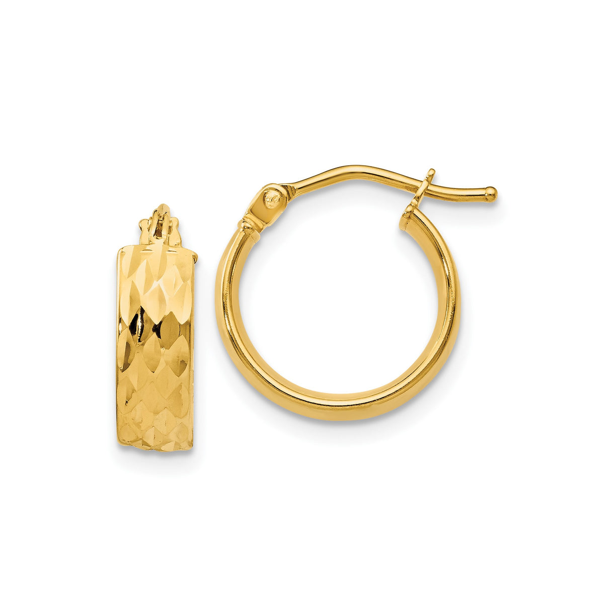14k Yellow Gold Hoop Earrings, Medium Hammered Round Hoops with Textured Finish