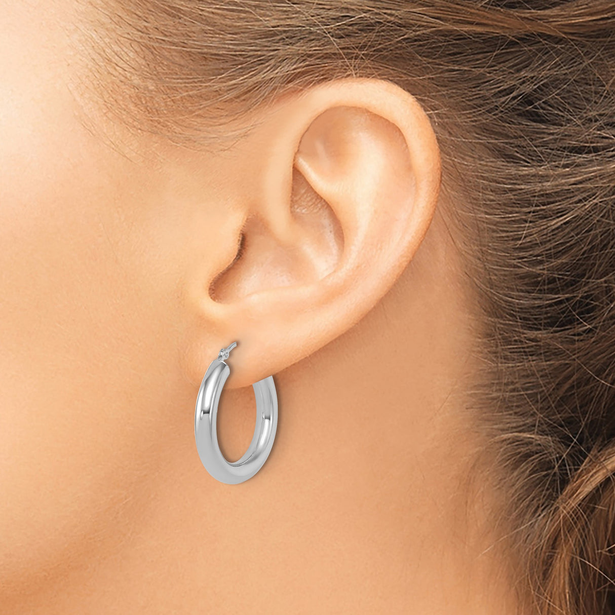 14k White Gold Hoop Earrings, Medium Round Polished Design with High Shine Finish for Women
