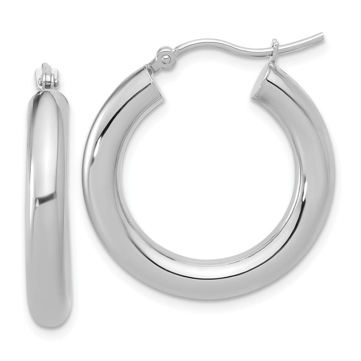 14k White Gold Hoop Earrings, Medium Round Polished Design with High Shine Finish for Women