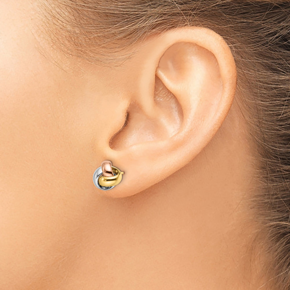 14k Tri-Color Gold Love Knot Stud Earrings with Intertwined Loops for Women
