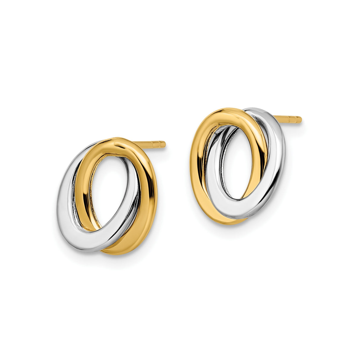 14k Two Tone Gold Interlocking Circle Stud Earrings, Polished Loops, Minimalist Design