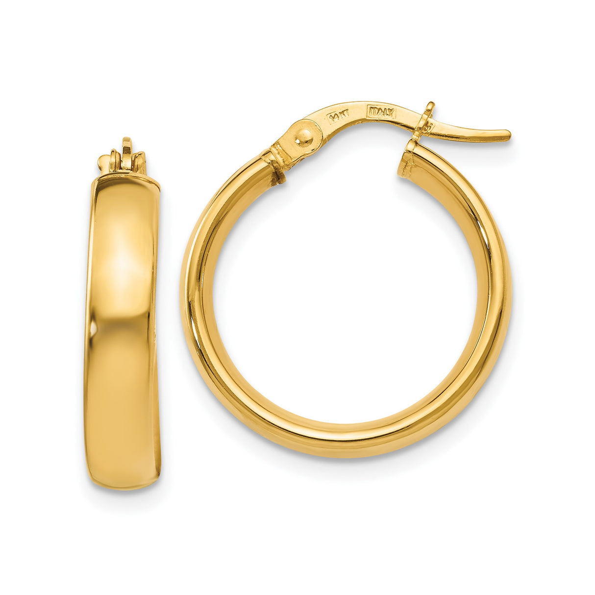 14k Yellow Gold Hoop Earrings, Classic Round Design with Hinged Closure, Polished Finish