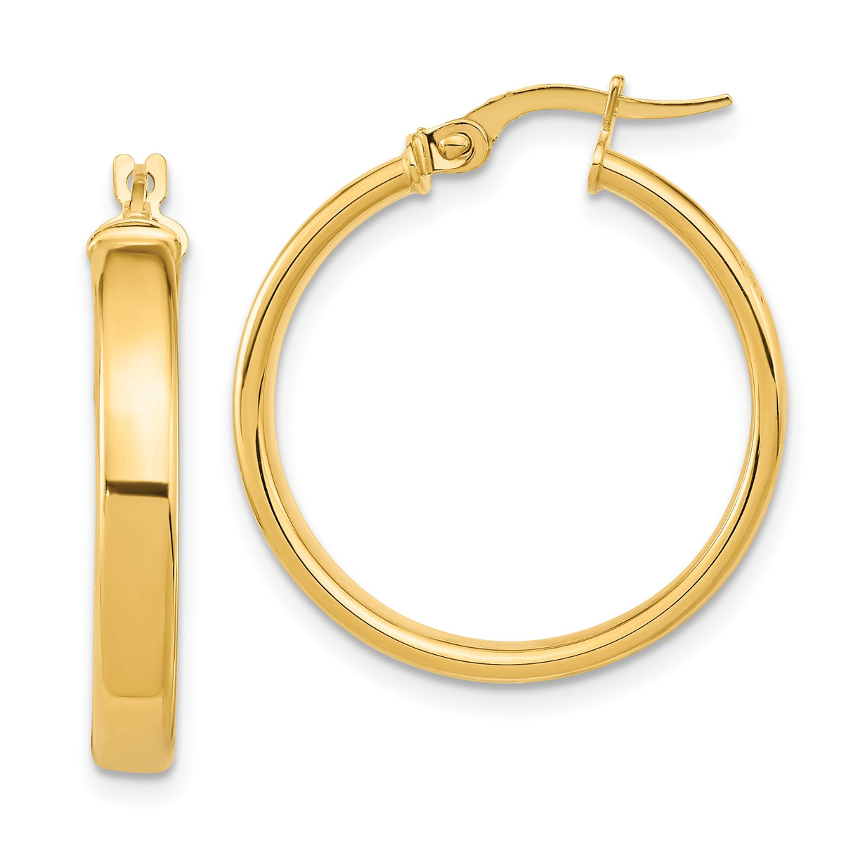 14k Yellow Gold Hoop Earrings, Polished Round Design with Snap-Back Closure, Lightweight Classic Style