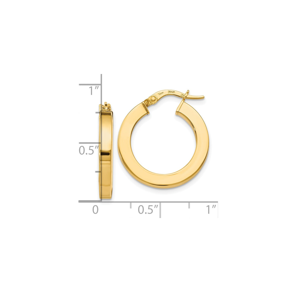 14k Yellow Gold Hoop Earrings, Classic High Polish Flat Edge Round Hoops, Lightweight Minimalist Design