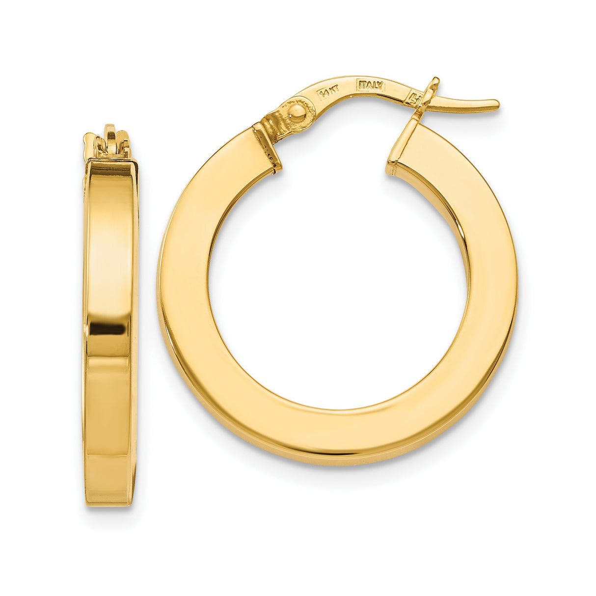 14k Yellow Gold Hoop Earrings, Classic High Polish Flat Edge Round Hoops, Lightweight Minimalist Design