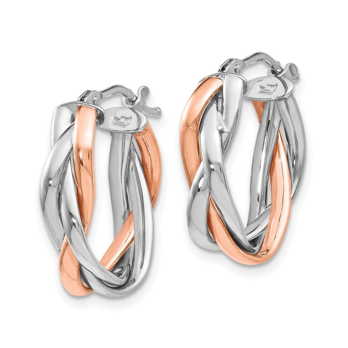 14k Yellow Gold Twisted Hoop Earrings with Interwoven Rose and White Gold Design