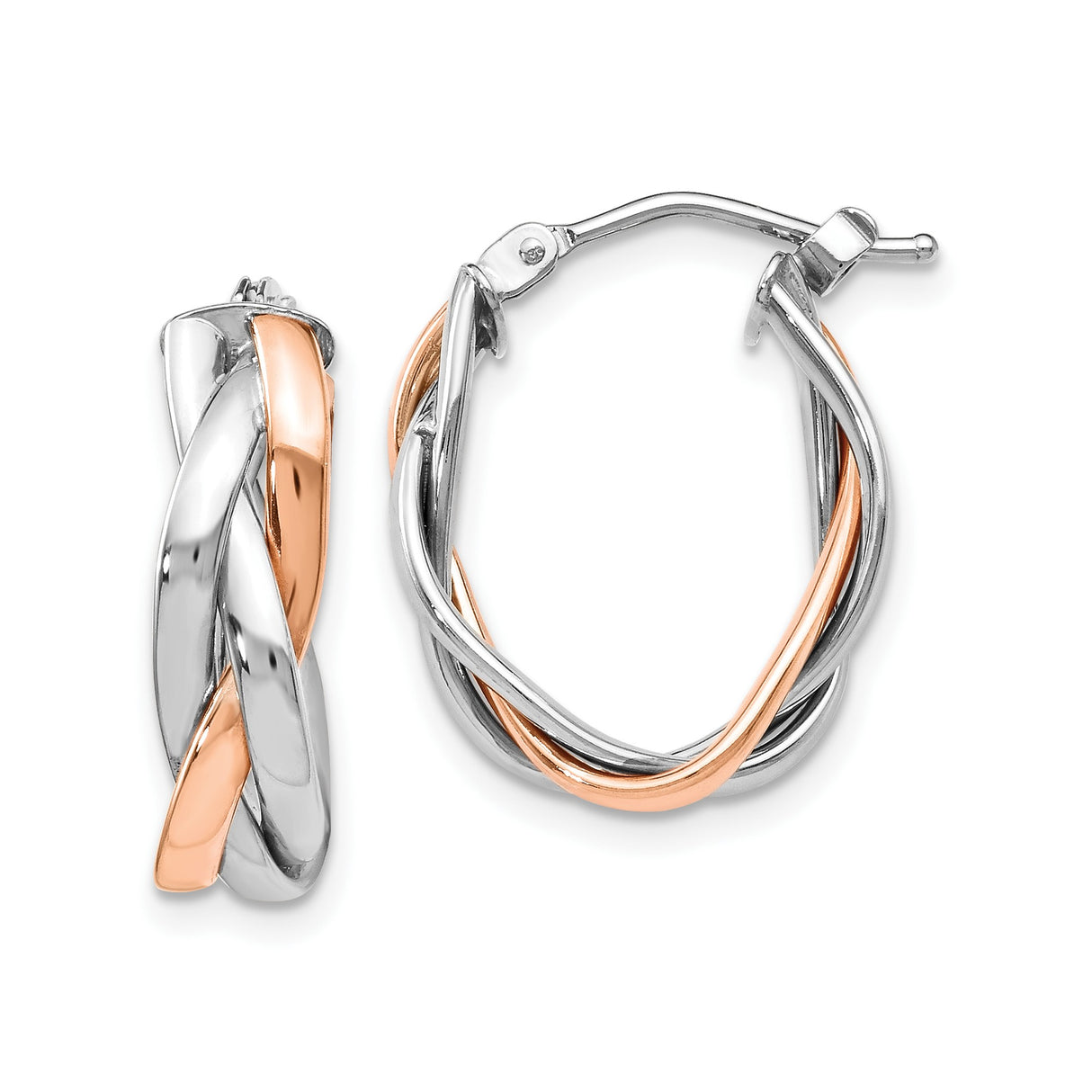 14k Yellow Gold Twisted Hoop Earrings with Interwoven Rose and White Gold Design