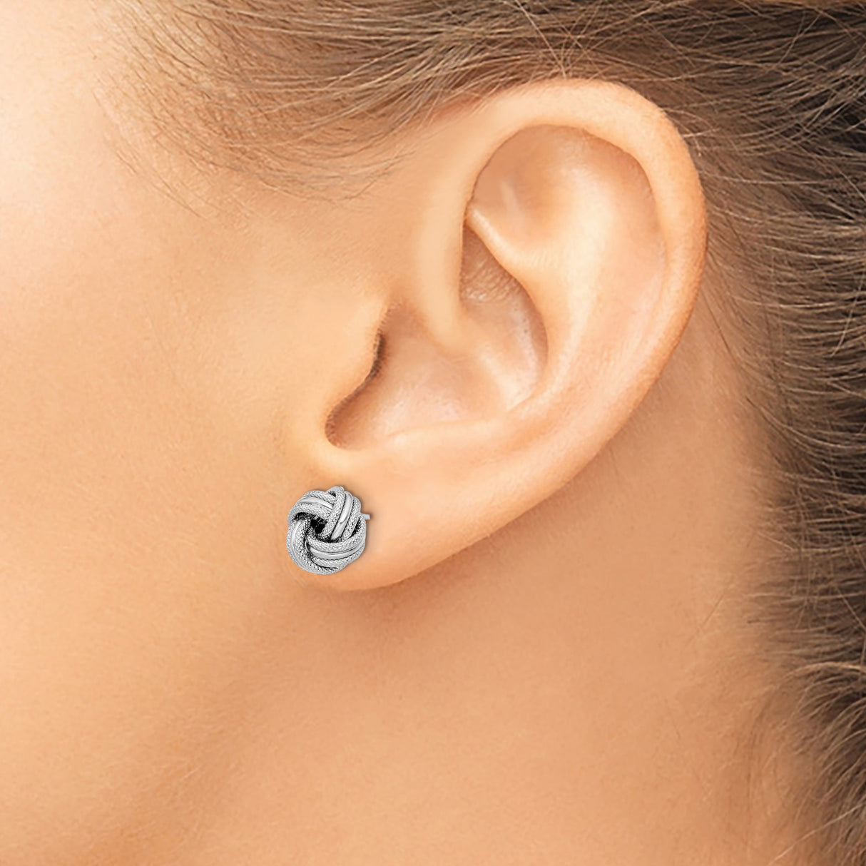 14k Yellow Gold Stud Earrings, Rhodium-Finished Love Knot with Twisted Design for Women