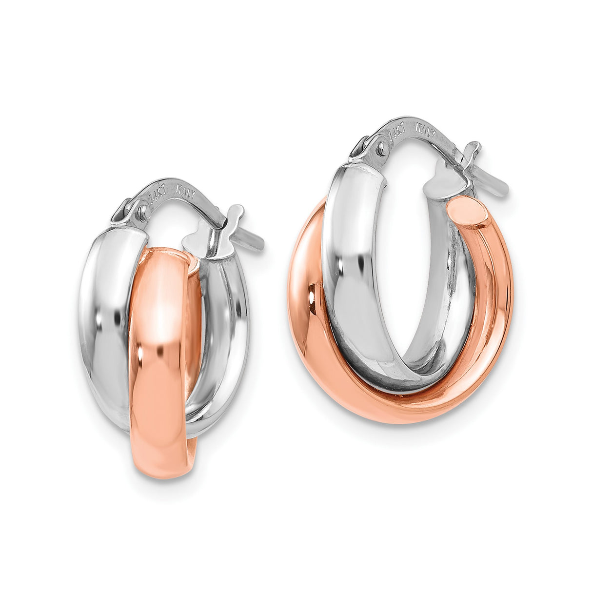 14k Yellow Gold Hoop Earrings with Intertwined Rose and White Gold Bands, Italian Made