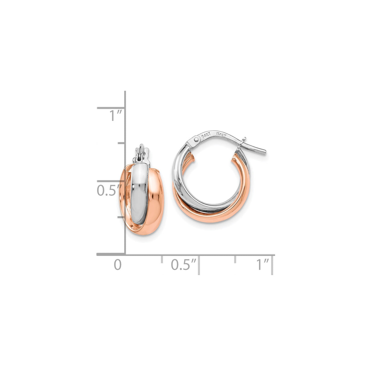 14k Yellow Gold Hoop Earrings with Intertwined Rose and White Gold Bands, Italian Made