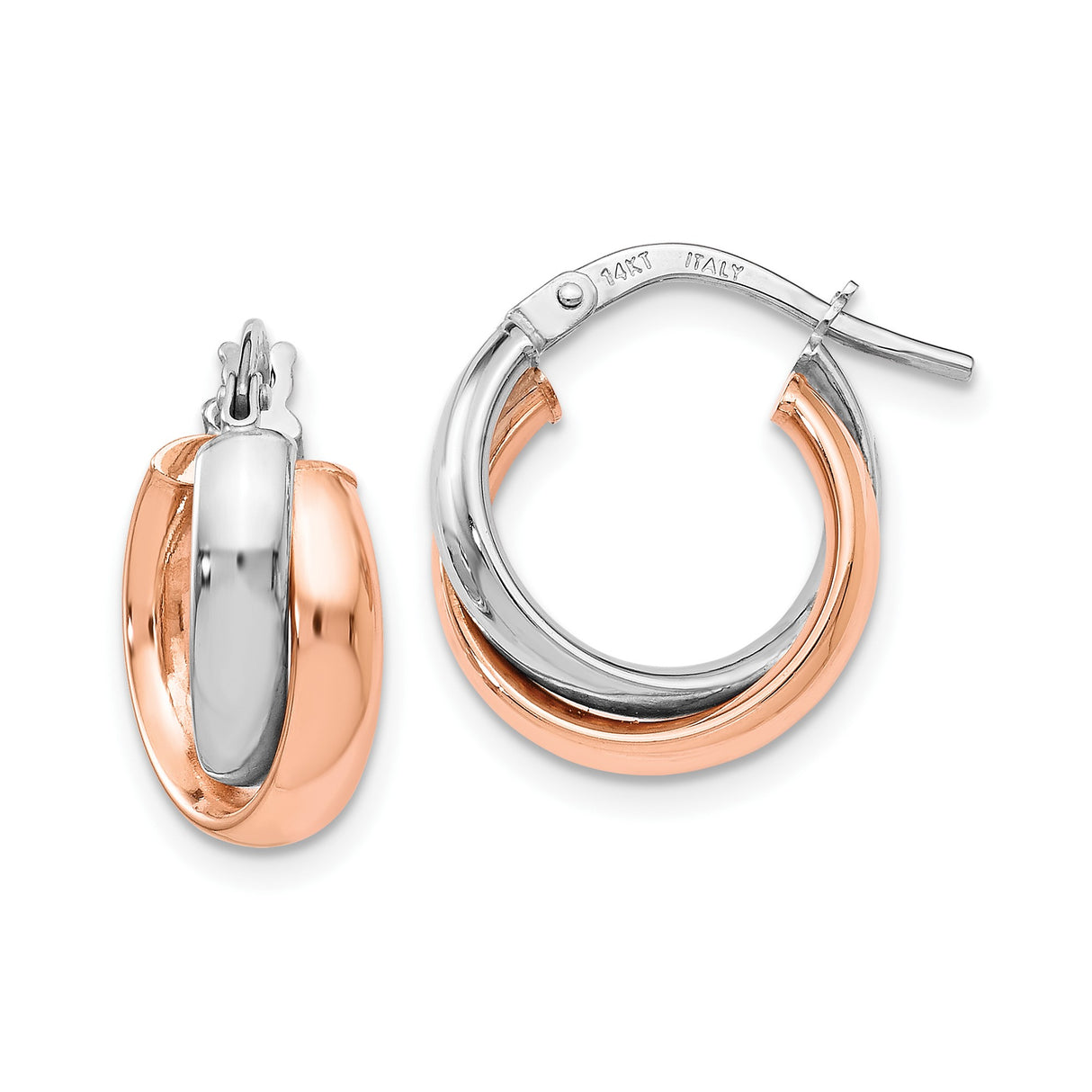 14k Yellow Gold Hoop Earrings with Intertwined Rose and White Gold Bands, Italian Made