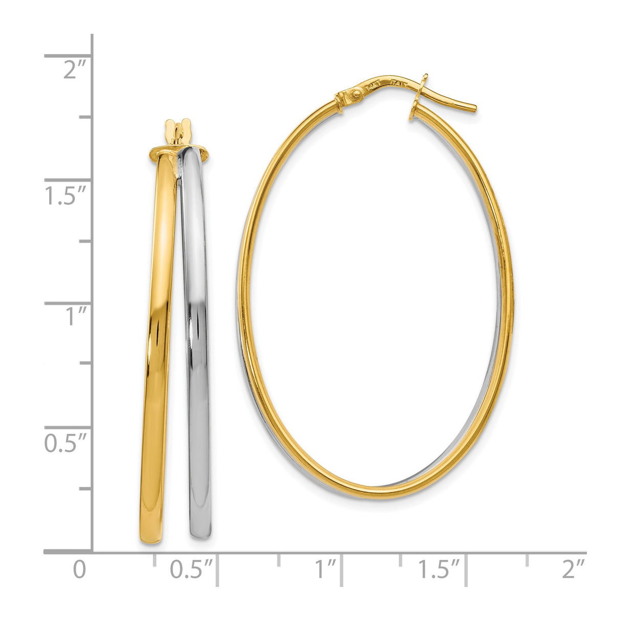 14k Yellow Gold Oval Hoop Earrings, Two-Tone Polished Design for Women