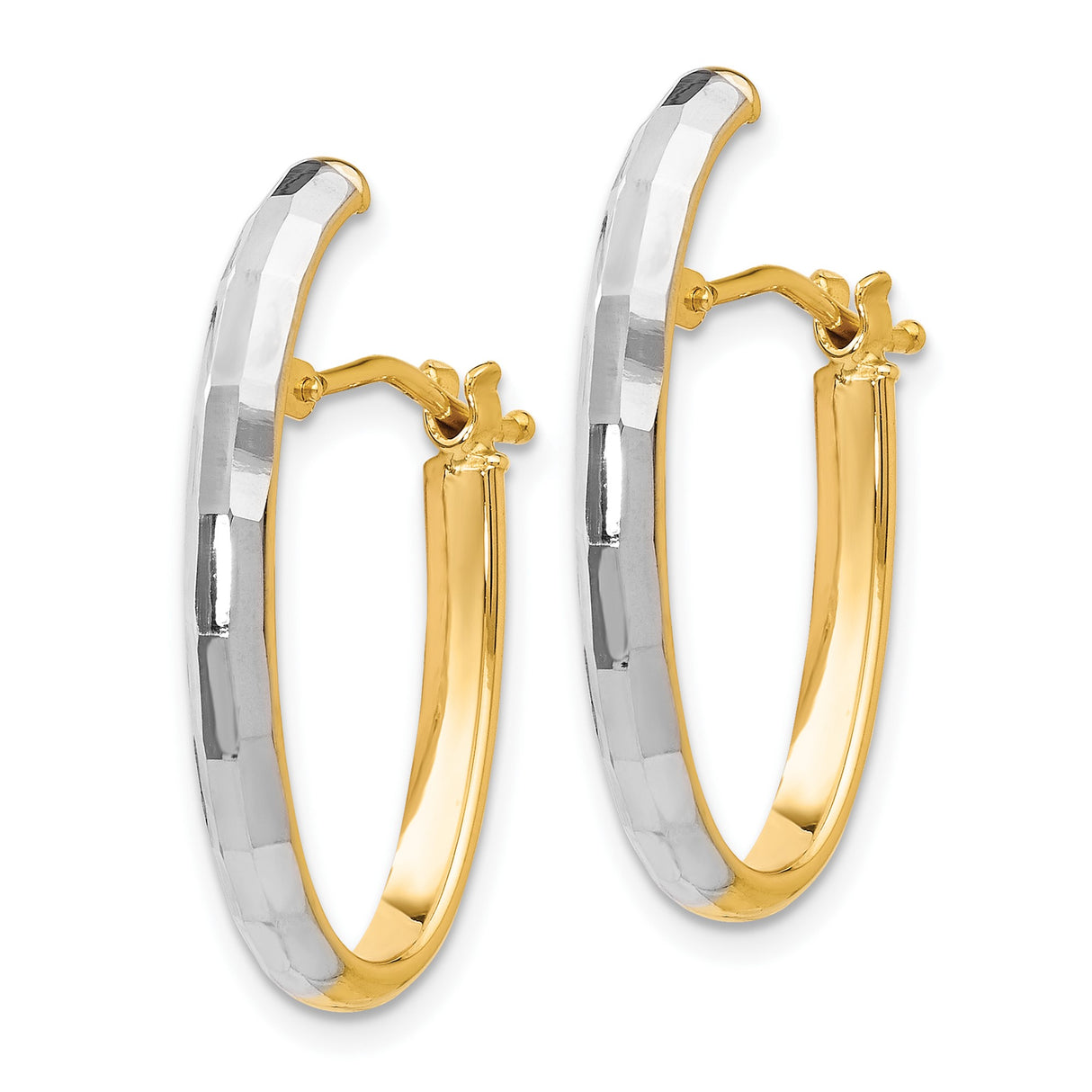 14k Two-Tone Gold Oval Hoop Earrings with Rhodium Accents and Diamond-Cut Texture
