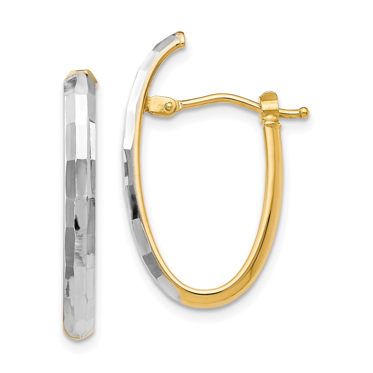 14k Two-Tone Gold Oval Hoop Earrings with Rhodium Accents and Diamond-Cut Texture