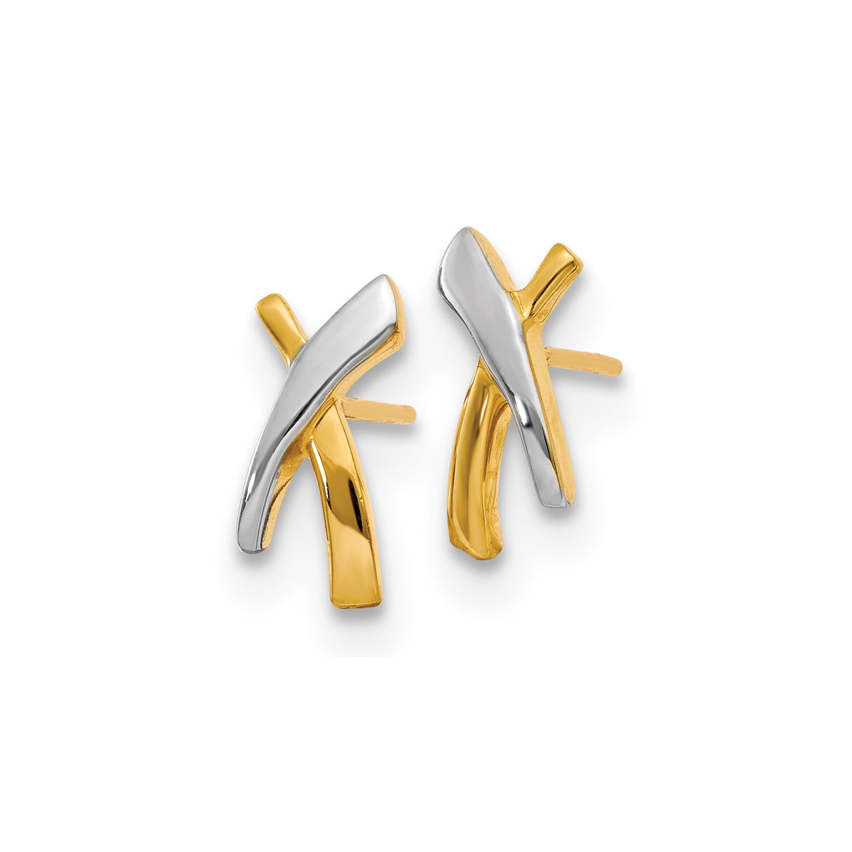 14k Yellow Gold X Shaped Stud Earrings, Two Tone Crisscross Design, Minimalist Jewelry for Women