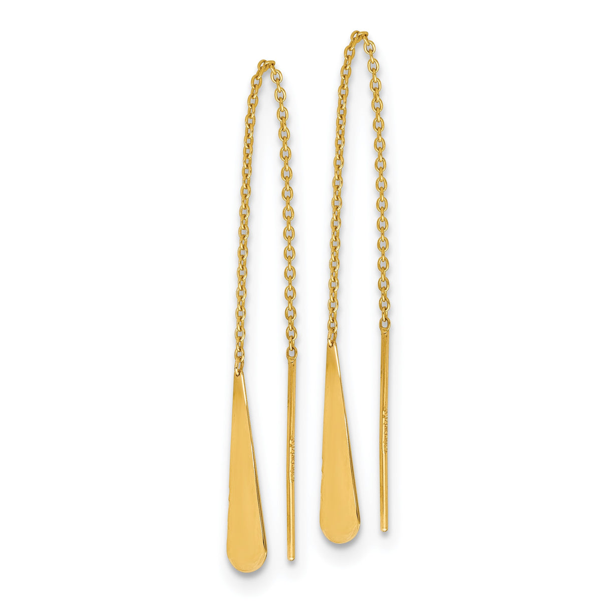 14k Yellow Gold Threader Earrings, Sleek Teardrop Bar Dangle Design, Minimalist Long Drop Style