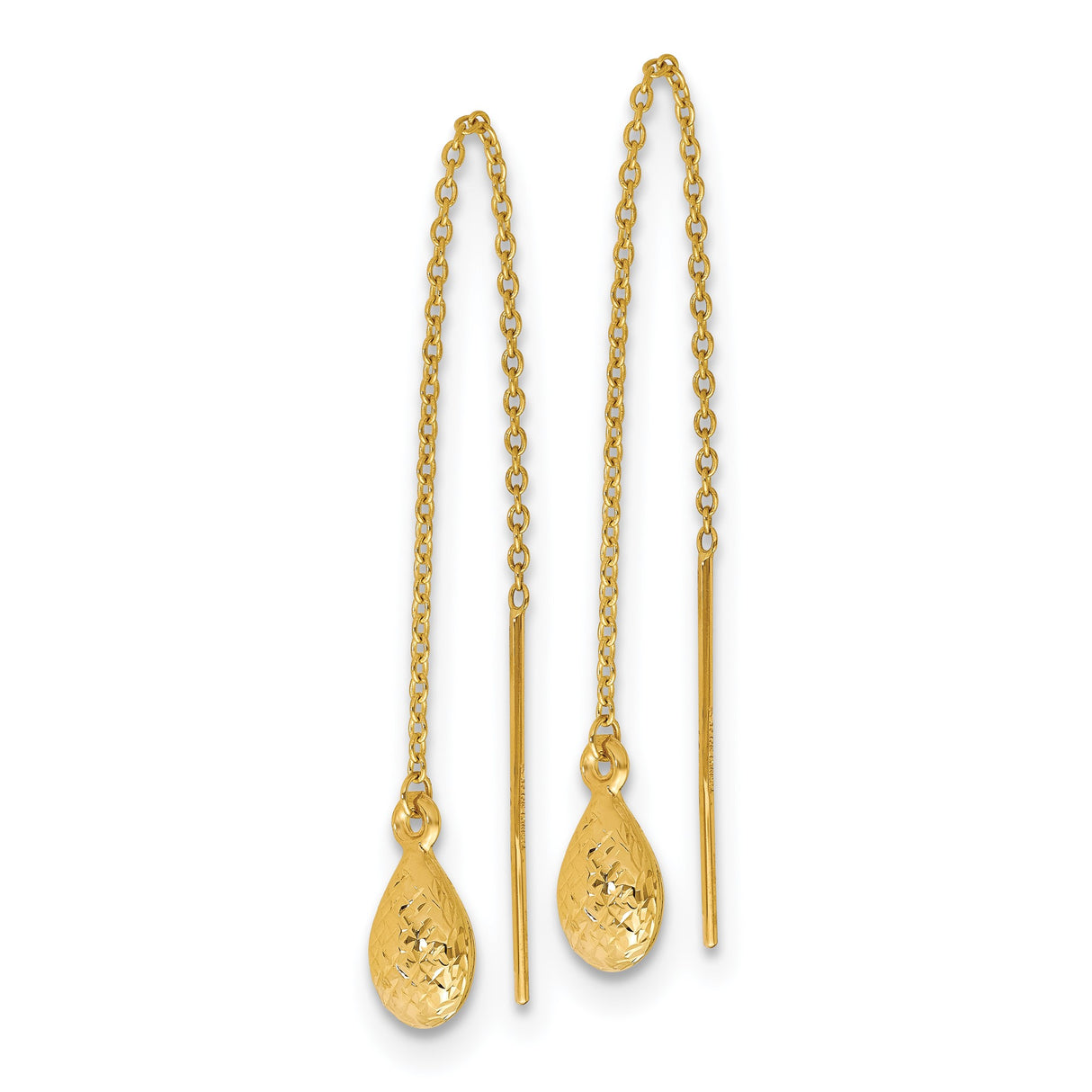 14k Yellow Gold Threader Earrings, Textured Teardrop with Diamond-Cut Finish, Minimalist Dangle Style