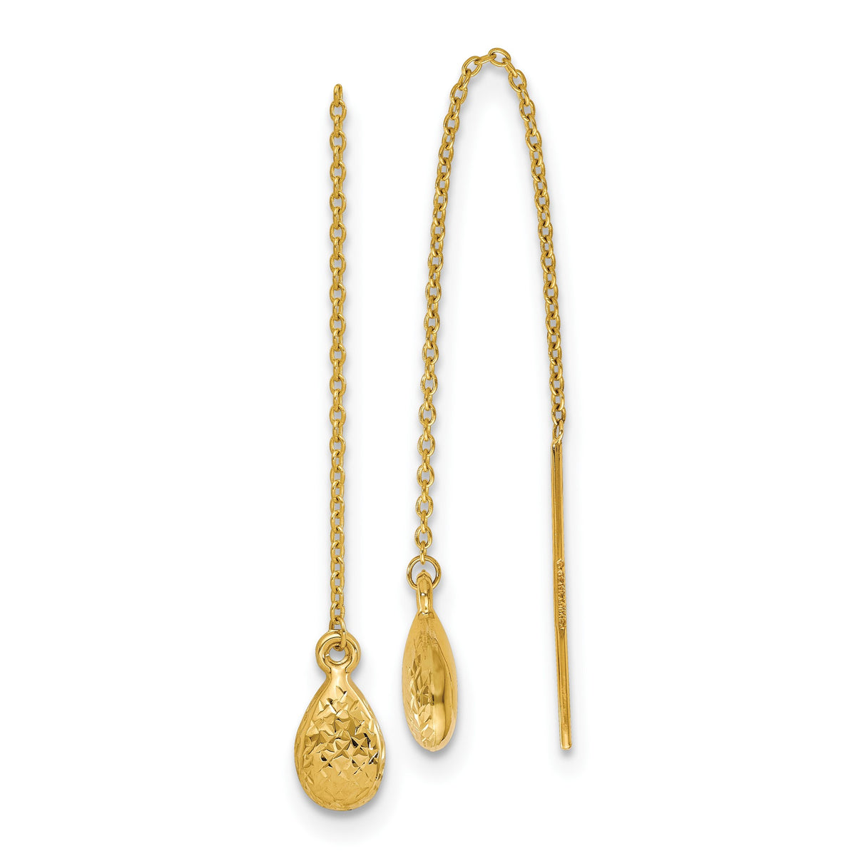 14k Yellow Gold Threader Earrings, Textured Teardrop with Diamond-Cut Finish, Minimalist Dangle Style