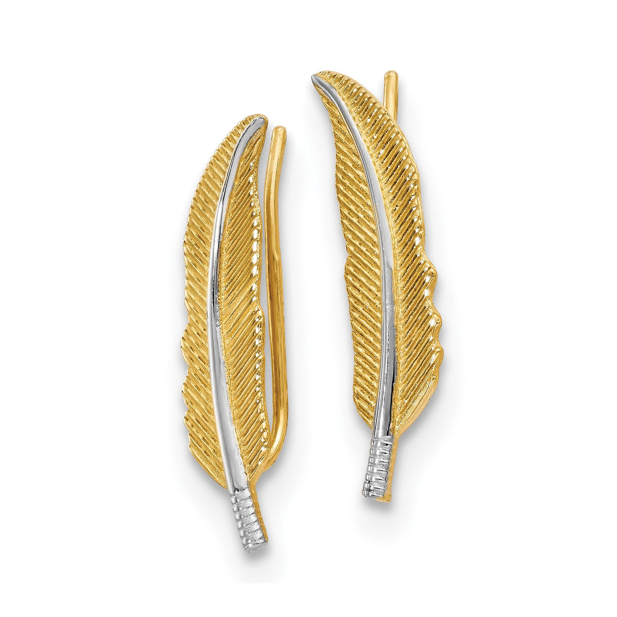 14k Yellow Gold Feather Ear Climber Earrings with Two Tone Rhodium Finish, Nature Inspired Design