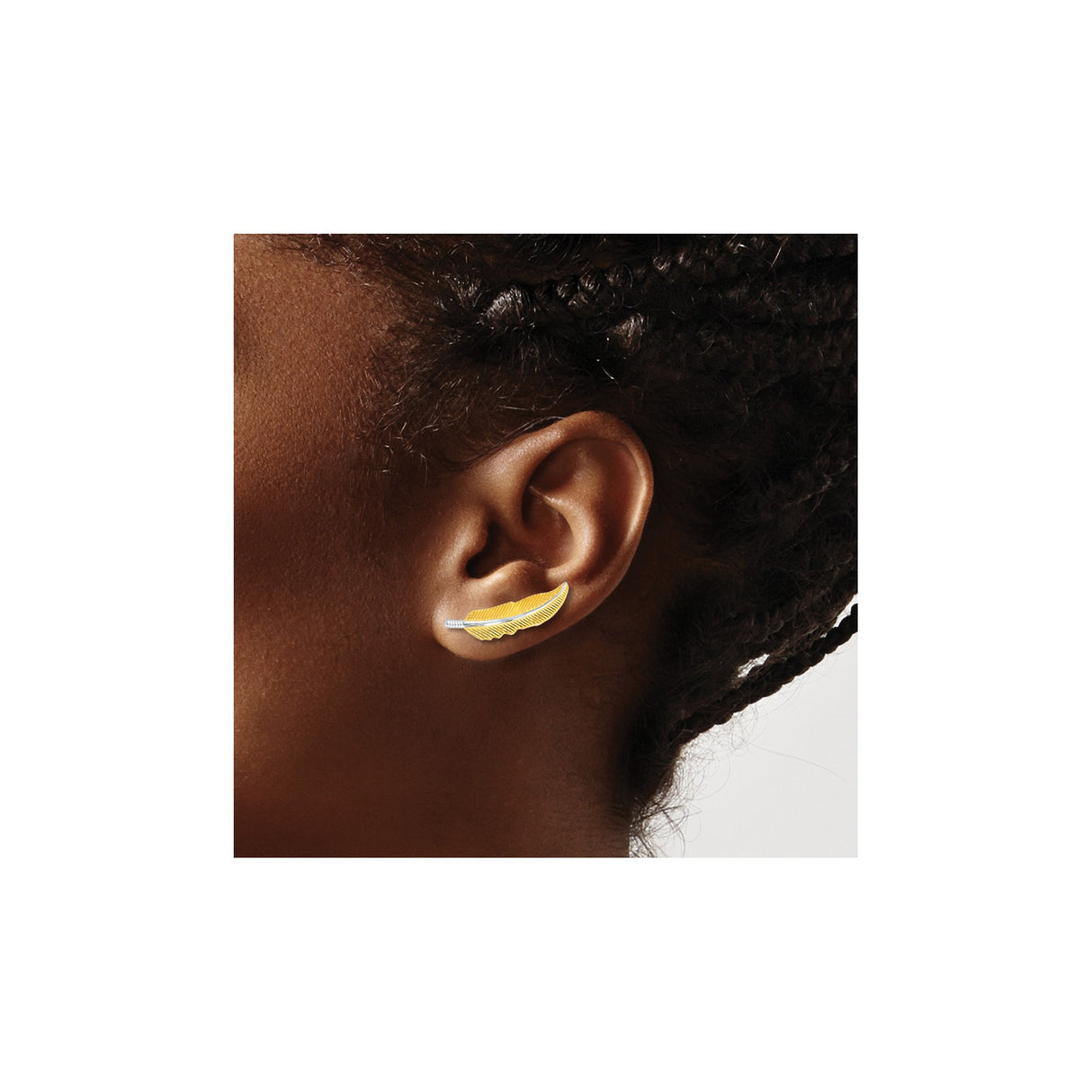 14k Yellow Gold Feather Ear Climber Earrings with Two Tone Rhodium Finish, Nature Inspired Design