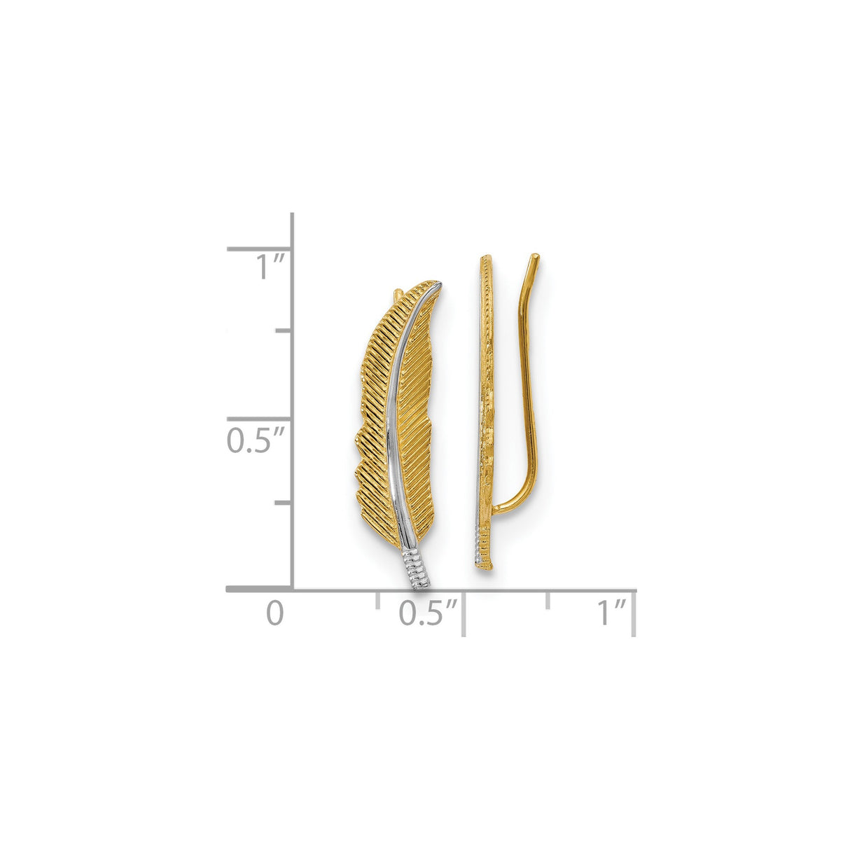 14k Yellow Gold Feather Ear Climber Earrings with Two Tone Rhodium Finish, Nature Inspired Design