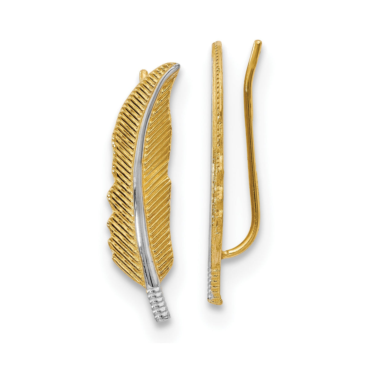 14k Yellow Gold Feather Ear Climber Earrings with Two Tone Rhodium Finish, Nature Inspired Design