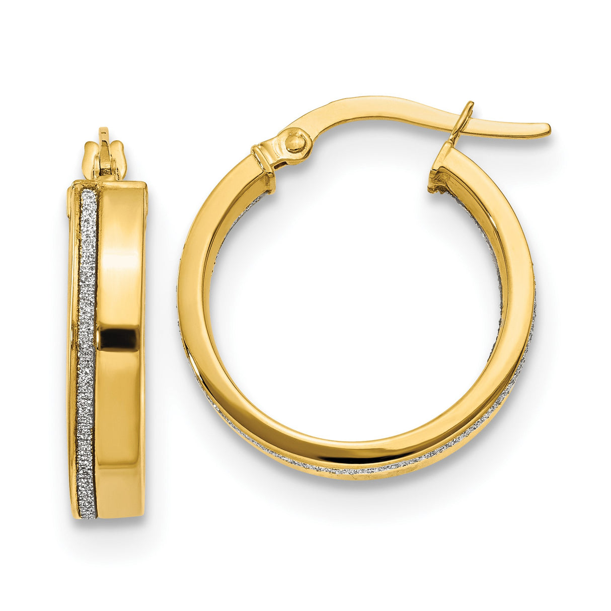 14k Yellow Gold Hoop Earrings with High Polish Finish and Textured Center Stripe
