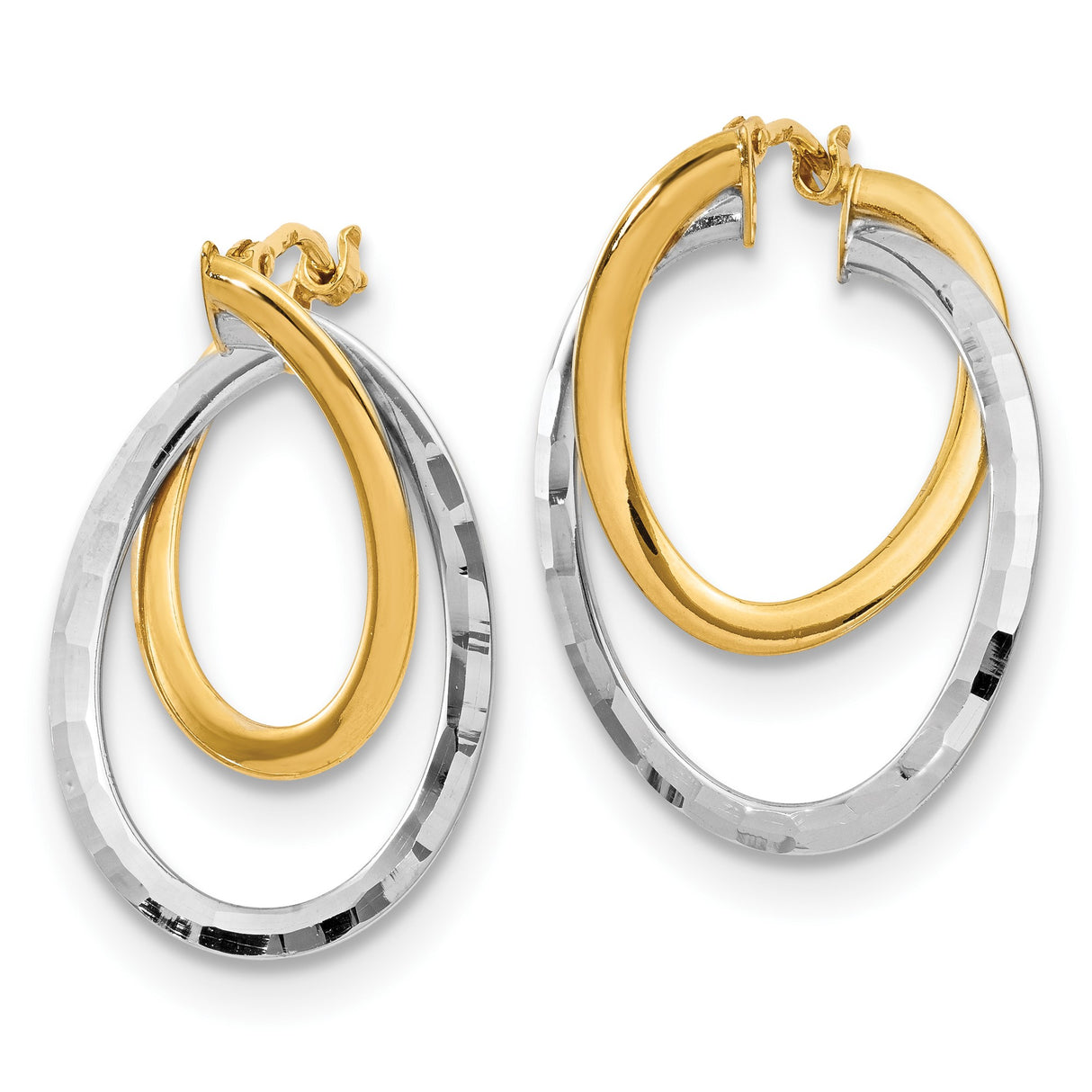 14k Yellow Gold Double Teardrop Hoop Earrings, Two-Tone Diamond Cut Design for Women