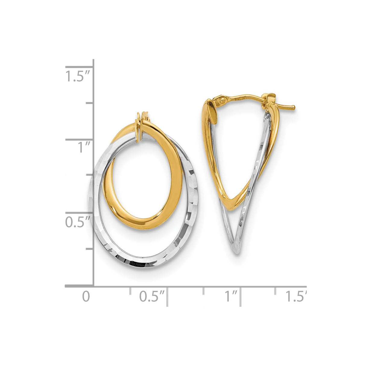 14k Yellow Gold Double Teardrop Hoop Earrings, Two-Tone Diamond Cut Design for Women