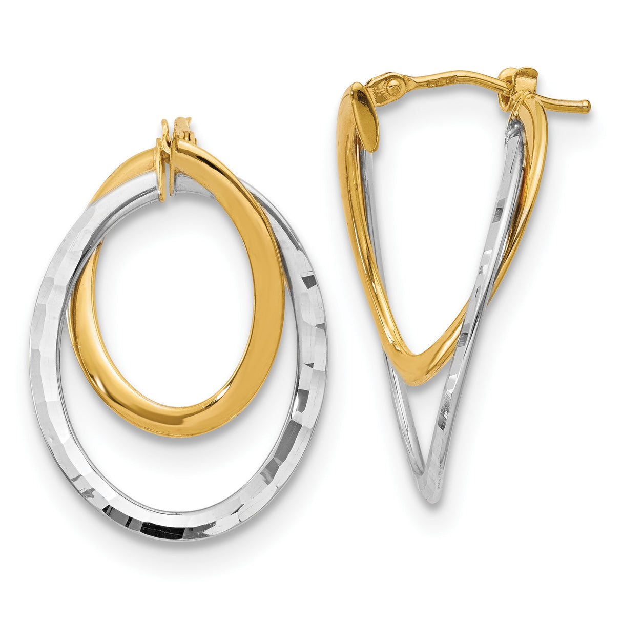 14k Yellow Gold Double Teardrop Hoop Earrings, Two-Tone Diamond Cut Design for Women