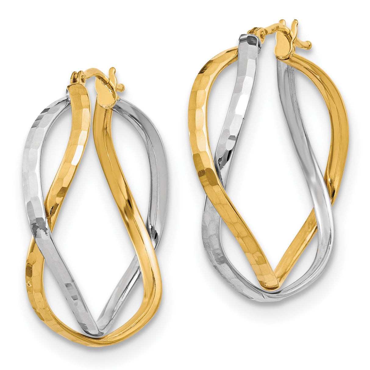 14k Yellow Gold Earrings, Twisted Hoop with Rhodium Hammered Infinity Design, Two Tone Style