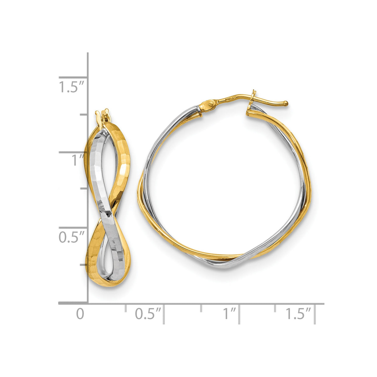 14k Yellow Gold Earrings, Twisted Hoop with Rhodium Hammered Infinity Design, Two Tone Style