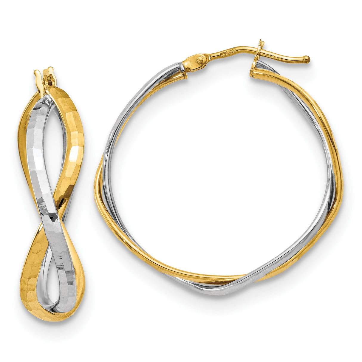 14k Yellow Gold Earrings, Twisted Hoop with Rhodium Hammered Infinity Design, Two Tone Style