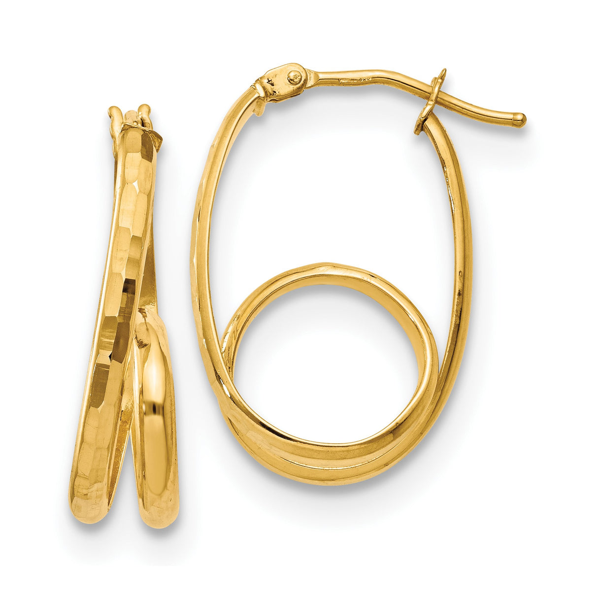 14k Yellow Gold Twisted Hoop Earrings with Polished and Hammered Interlocking Oval Design