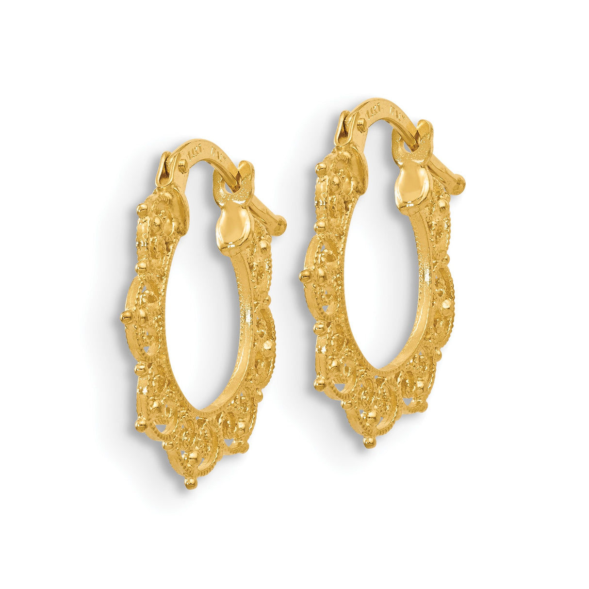 14k Yellow Gold Hoop Earrings with Ornate Scroll Design and Textured Filigree Style