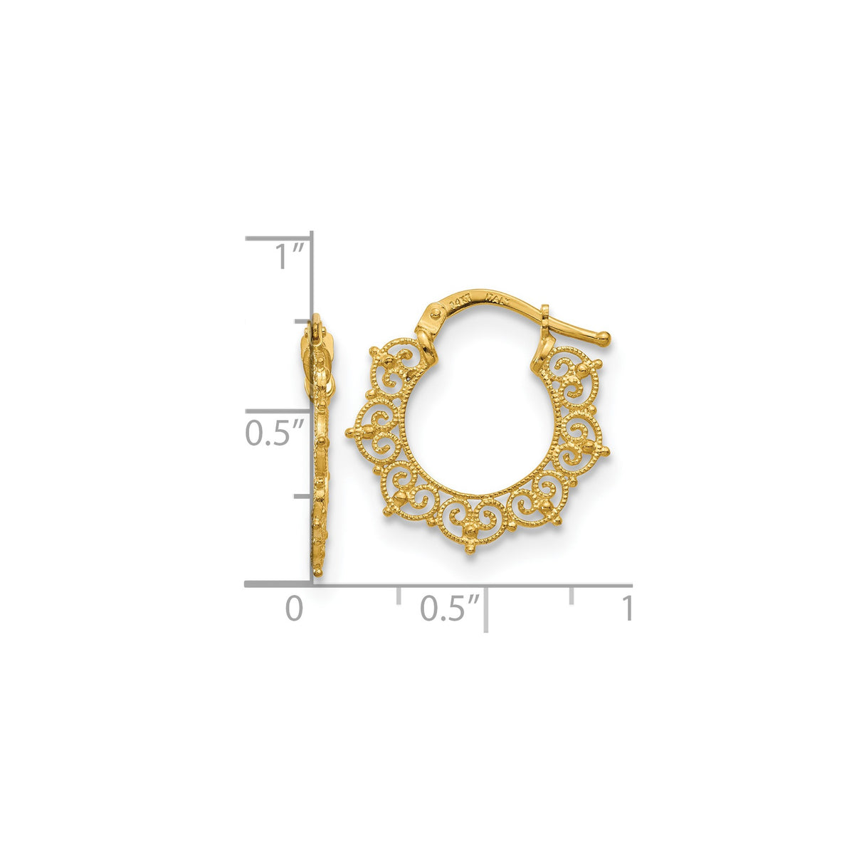 14k Yellow Gold Hoop Earrings with Ornate Scroll Design and Textured Filigree Style